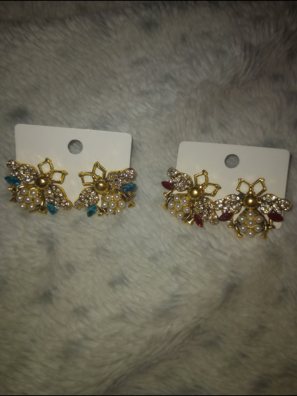 Gold Tone Bee Pearl & Crystal Stud Earrings - Blue Or Red Accent- Pick One